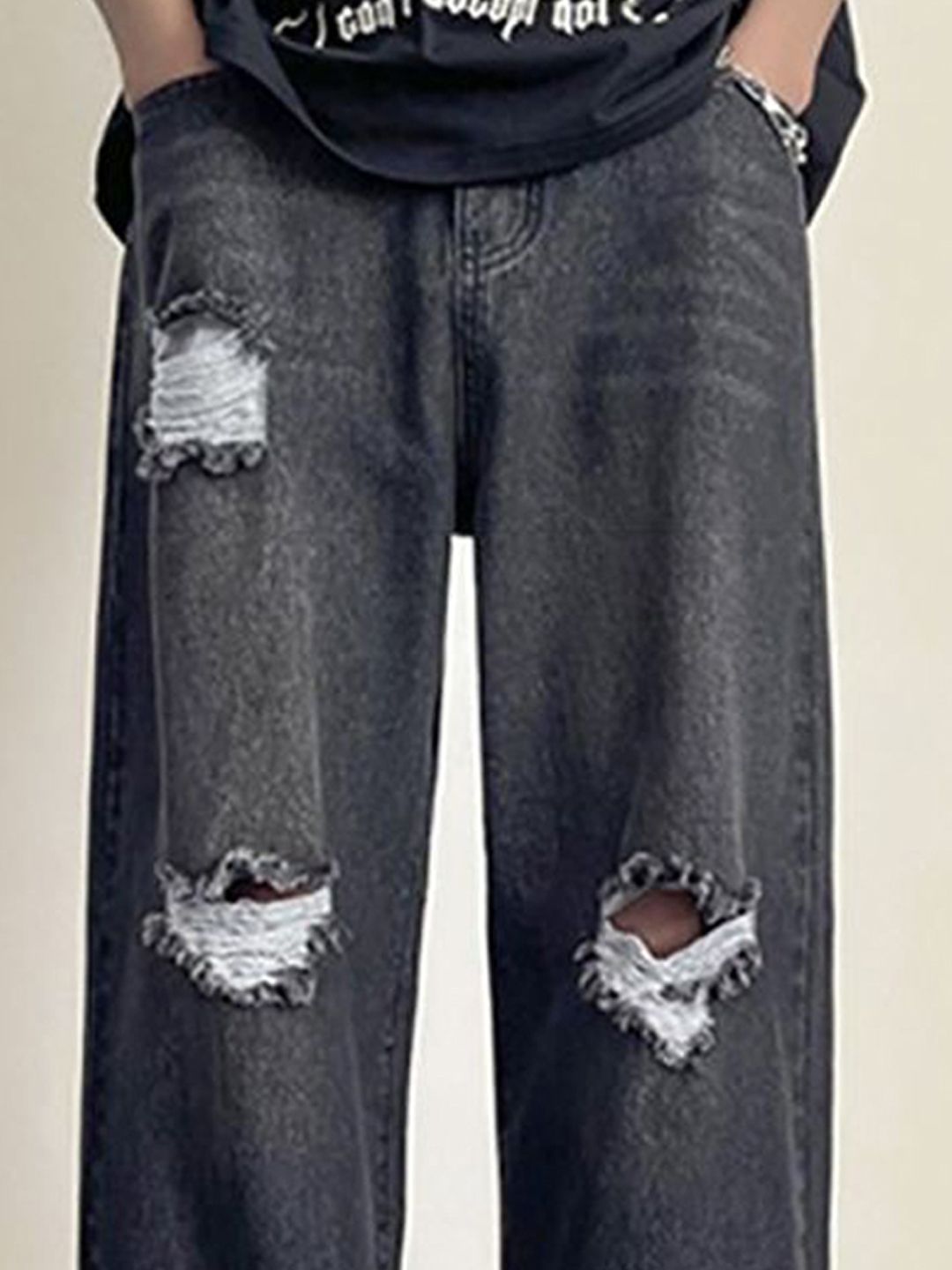Men Wide Leg Slash Knee Light Fade Jeans