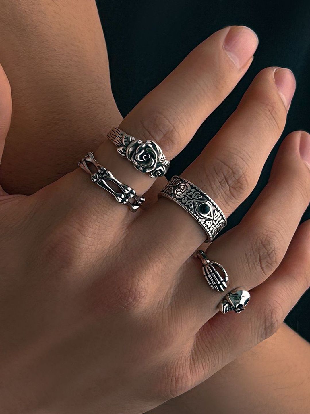 Set of 4 Silver-Plated Stone-Studded Adjustable Finger Ring