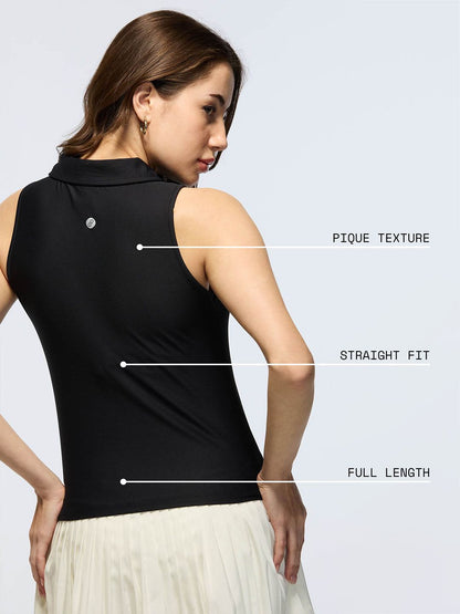Women Black Techpique Sleeveless Polo Top
