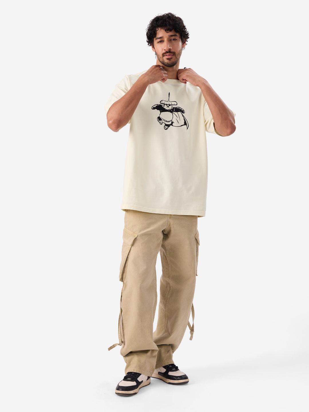 Men Oversized Kung Fu Panda Off White Tshirts