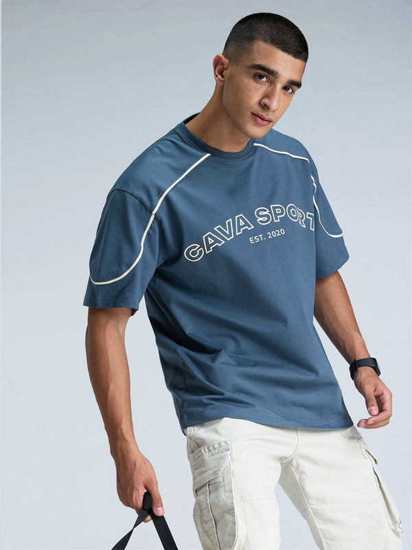 Men Steel Blue Round Neck Oversized Jersey Tshirts
