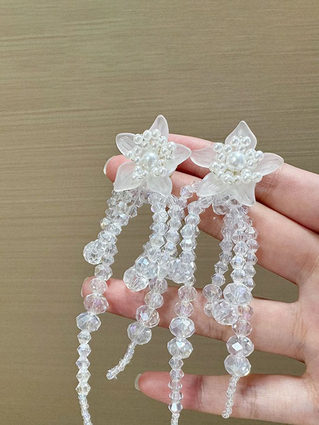 Artificial Beaded Floral Shaped Tasselled Drop Earrings