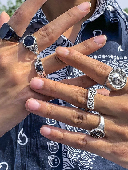 Men Set Of 6 Silver-Plated Stones-Studded Finger Rings