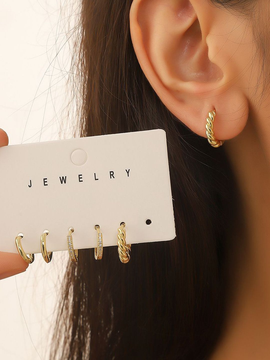Set Of 3 Gold Plated  Artificial Studded Circular Shaped Hoop Earrings