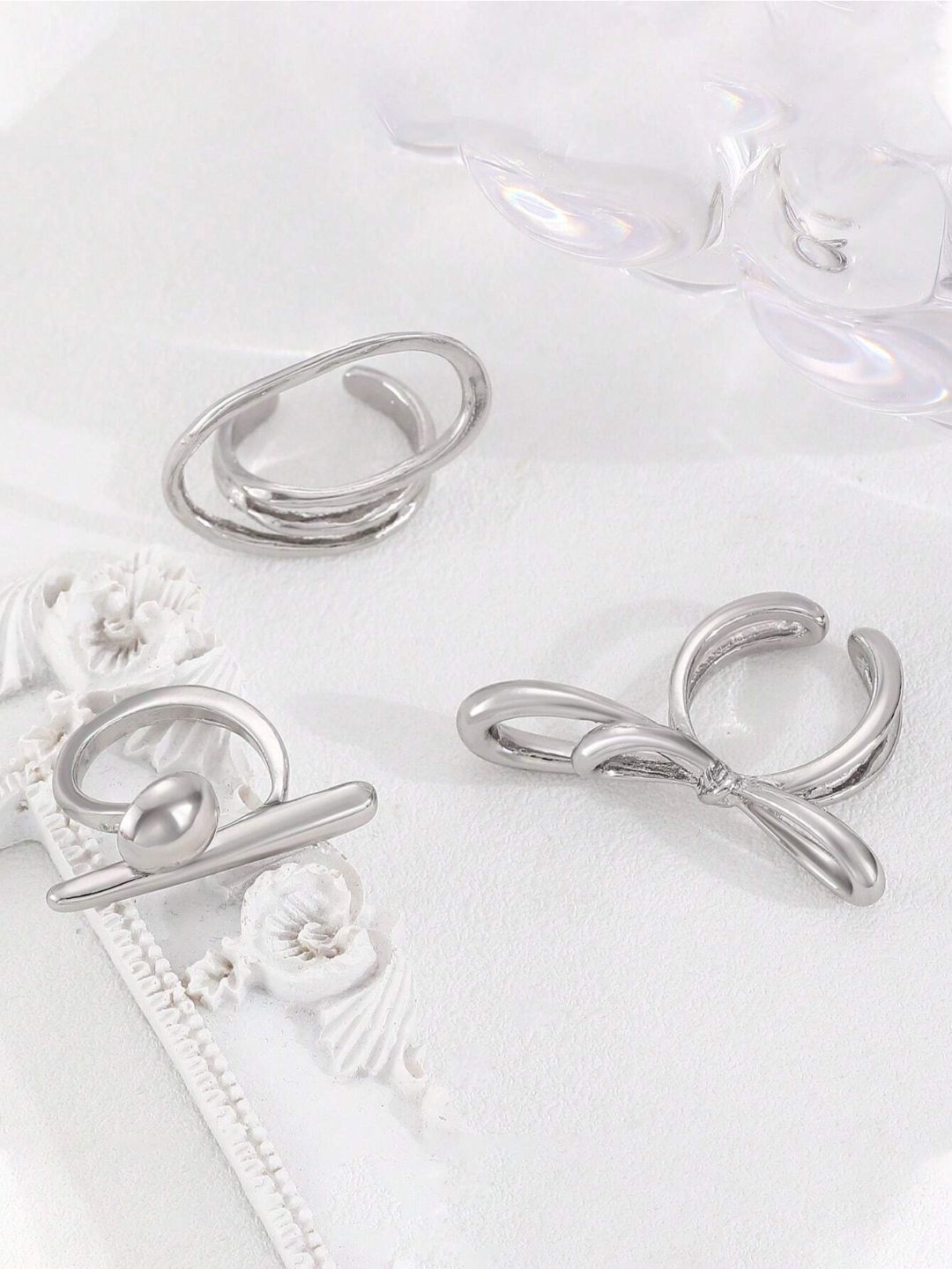 SALTY Set Of 3 Funked-Up Silver Stack Rings For Women & Girls