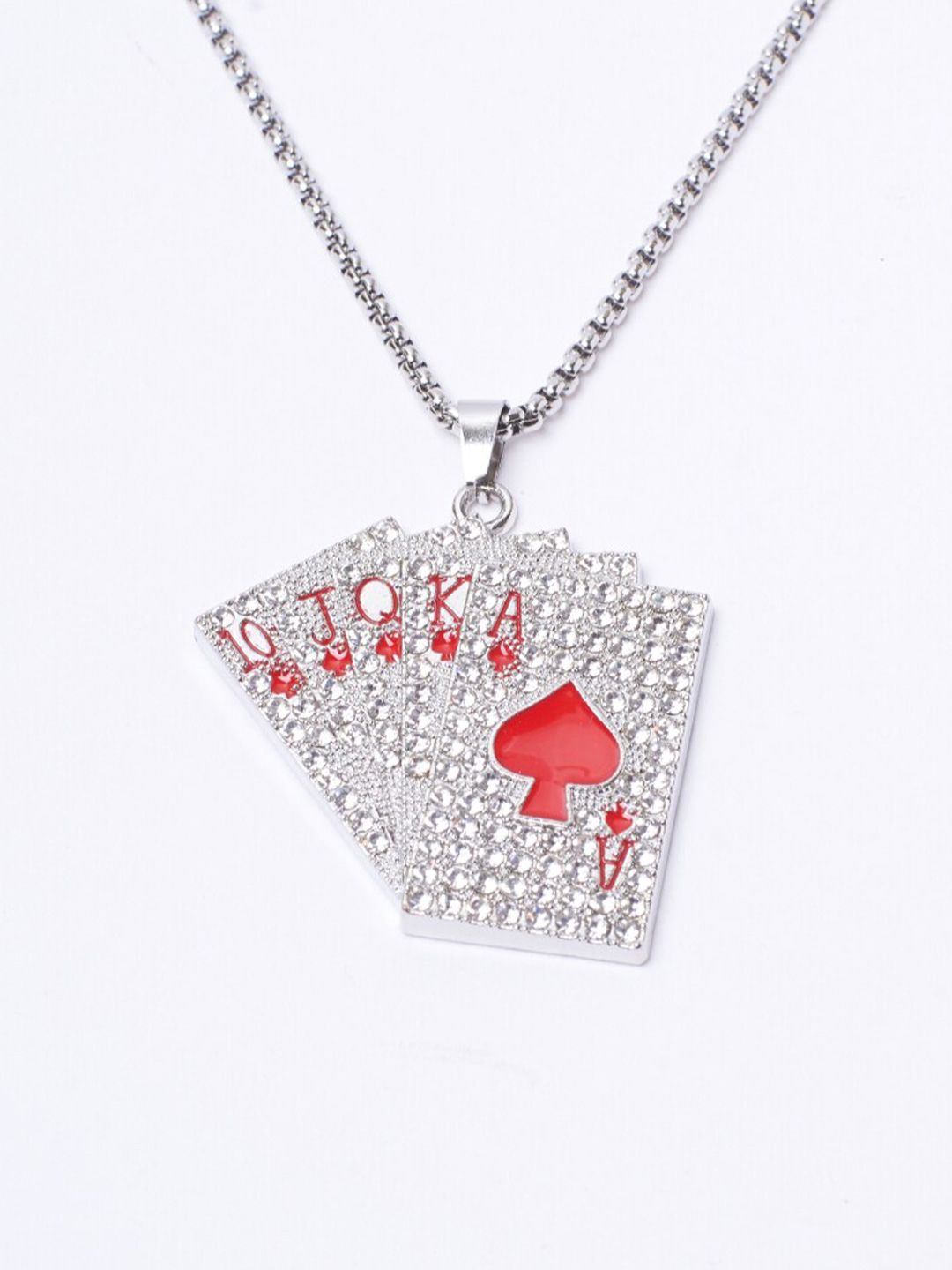 SALTY Men Silver-Plated Stainless Steel Stones Studded Pip Cards Pendant & Chain