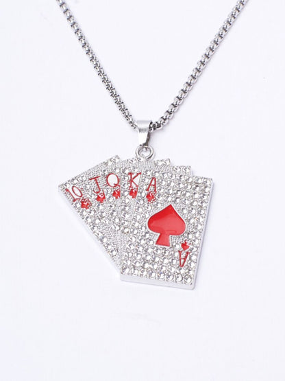 SALTY Men Silver-Plated Stainless Steel Stones Studded Pip Cards Pendant & Chain