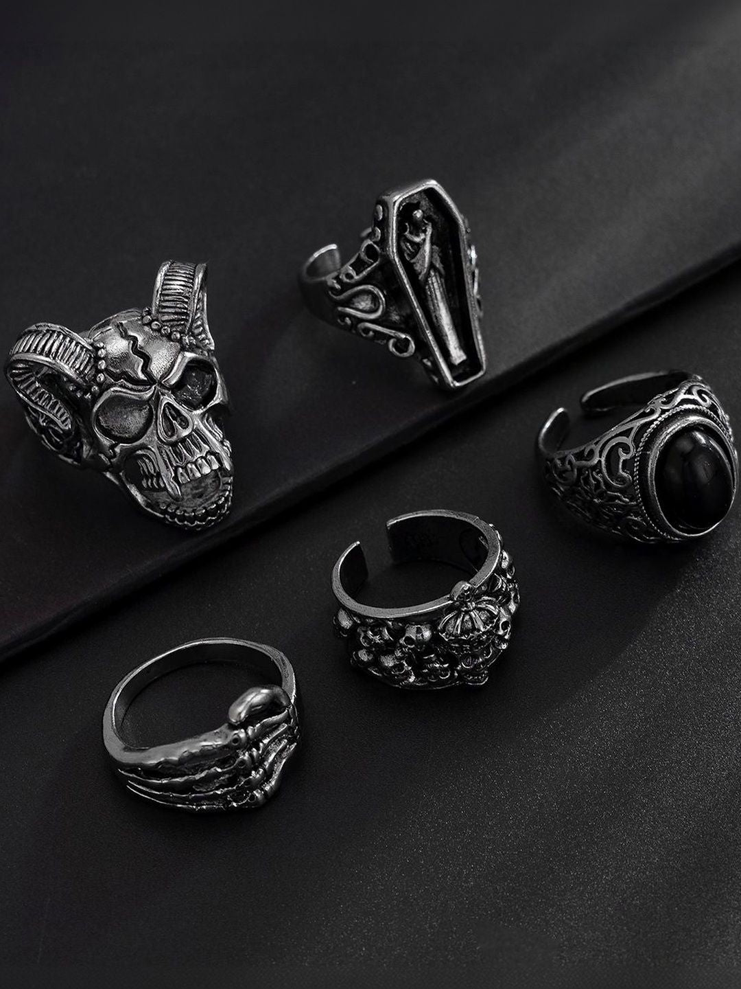 Men Set Of 5 Silver-Plated Finger Ring
