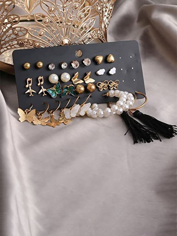 SALTY Pack Of 17 Gold-Plated Stones & Beads Contemporary Earrings