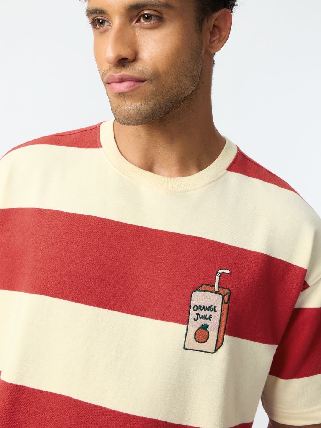 Striped Drop-Shoulder Sleeves Pure Cotton Oversized Tshirt