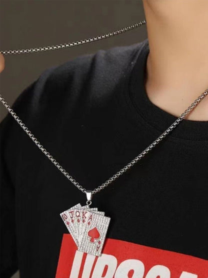 SALTY Men Silver-Plated Stainless Steel Stones Studded Pip Cards Pendant & Chain