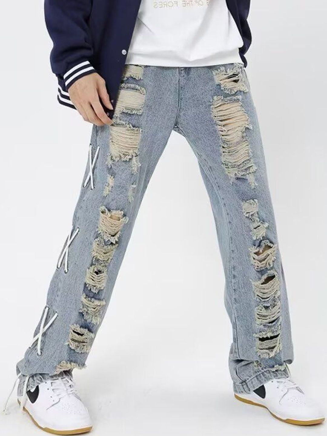 Men Baggy Fit Mid-Rise Highly Distressed Medium Shade Jeans