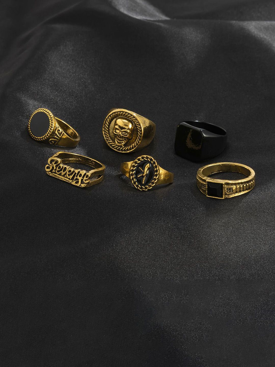 Men Pack Of 6 Gold-Plated Stone Studded Finger Rings