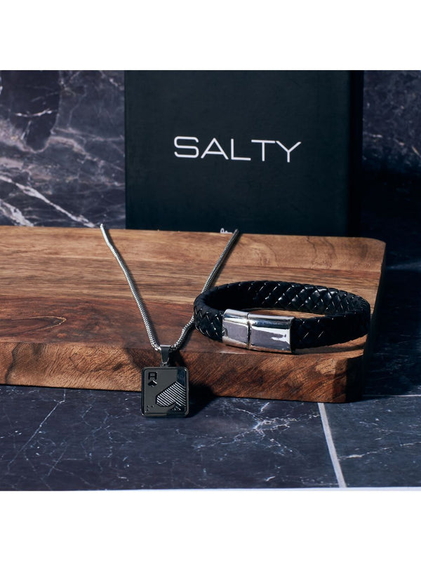 SALTY Stylish Ace Chain & Avrum Black Leather Bracelet Jewellery Set