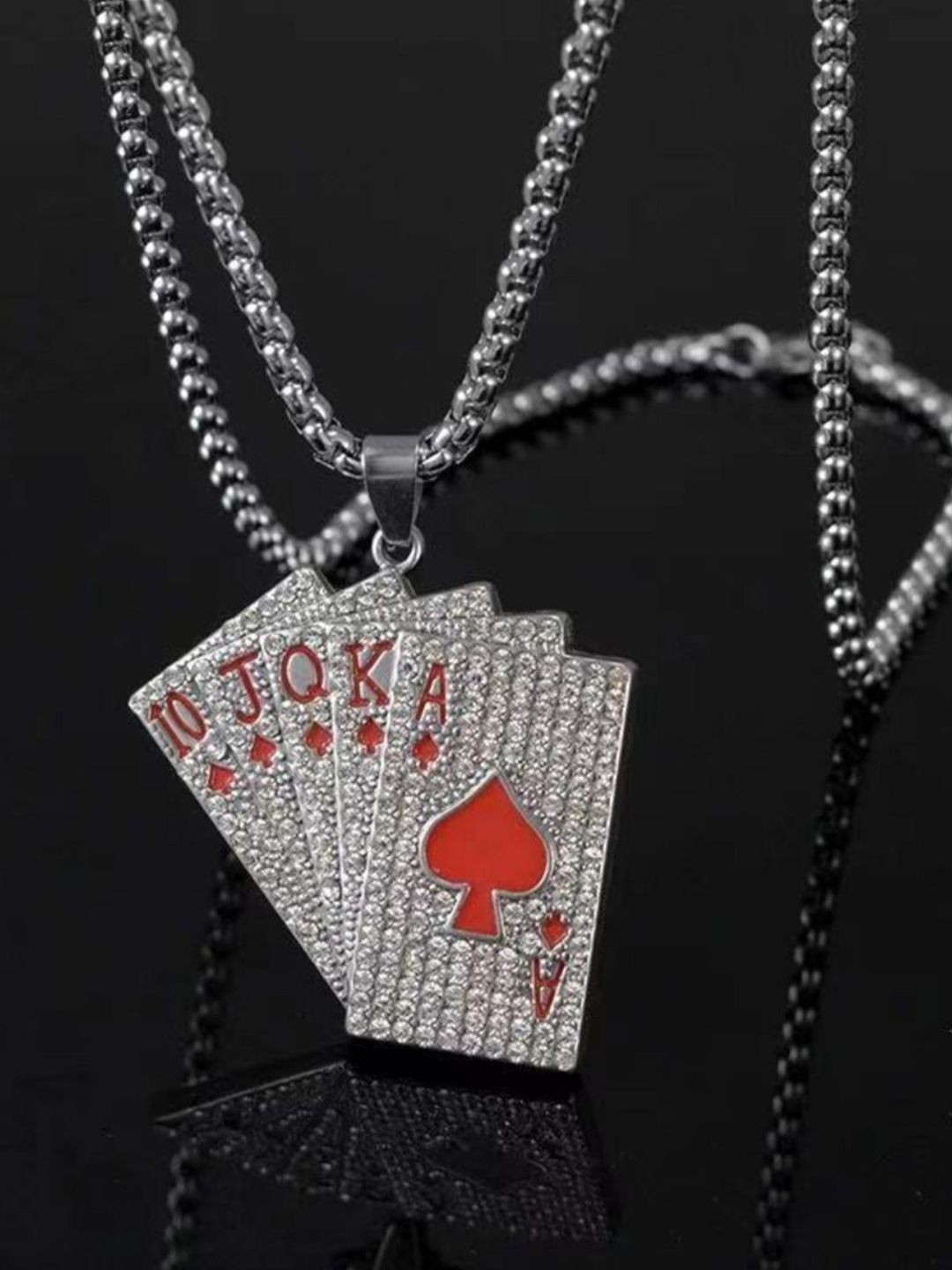 SALTY Men Silver-Plated Stainless Steel Stones Studded Pip Cards Pendant & Chain