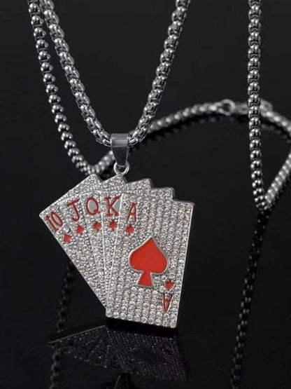 SALTY Men Silver-Plated Stainless Steel Stones Studded Pip Cards Pendant & Chain