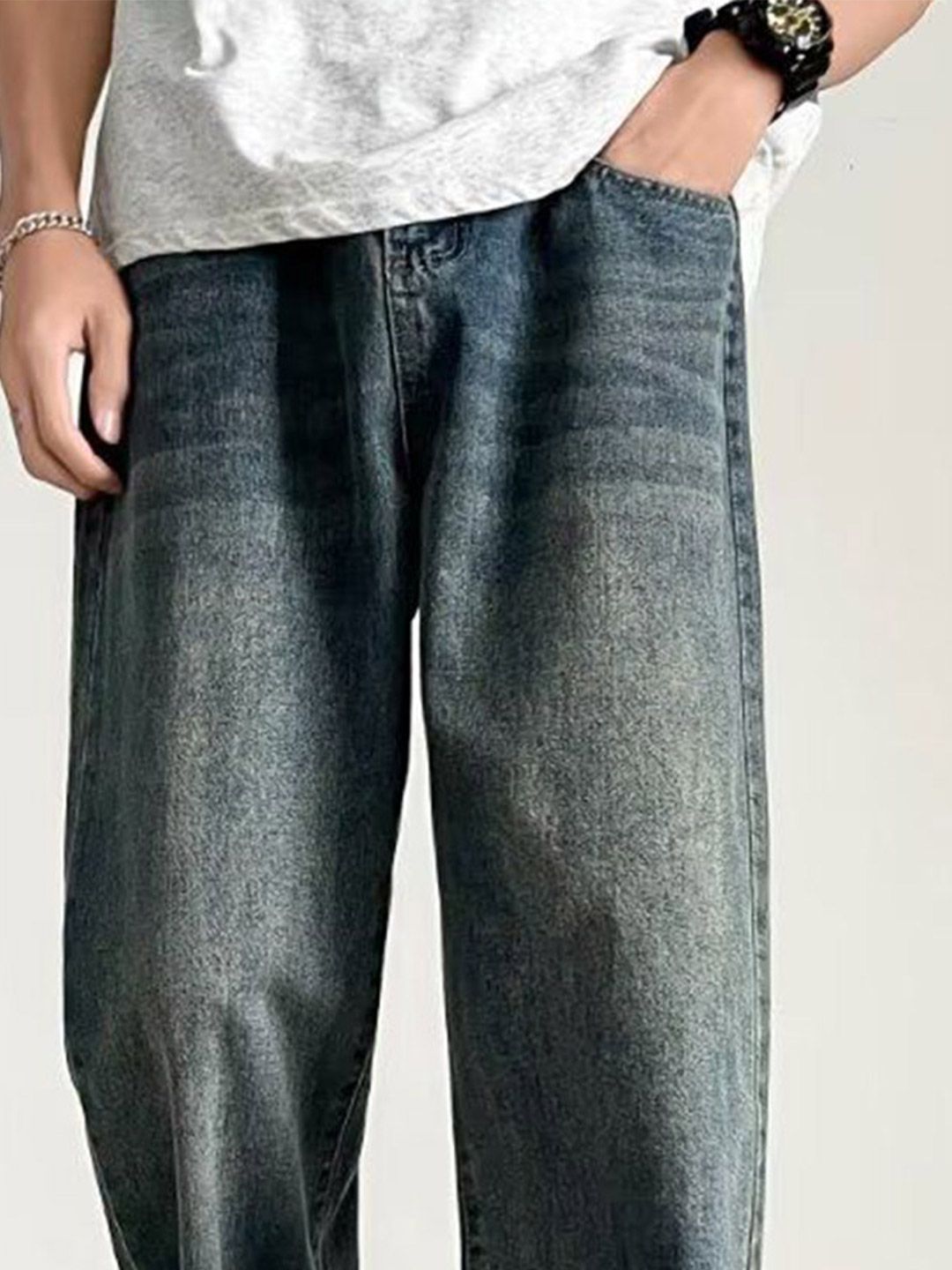 Men Wide Leg Mid-Rise Medium Shade Jeans
