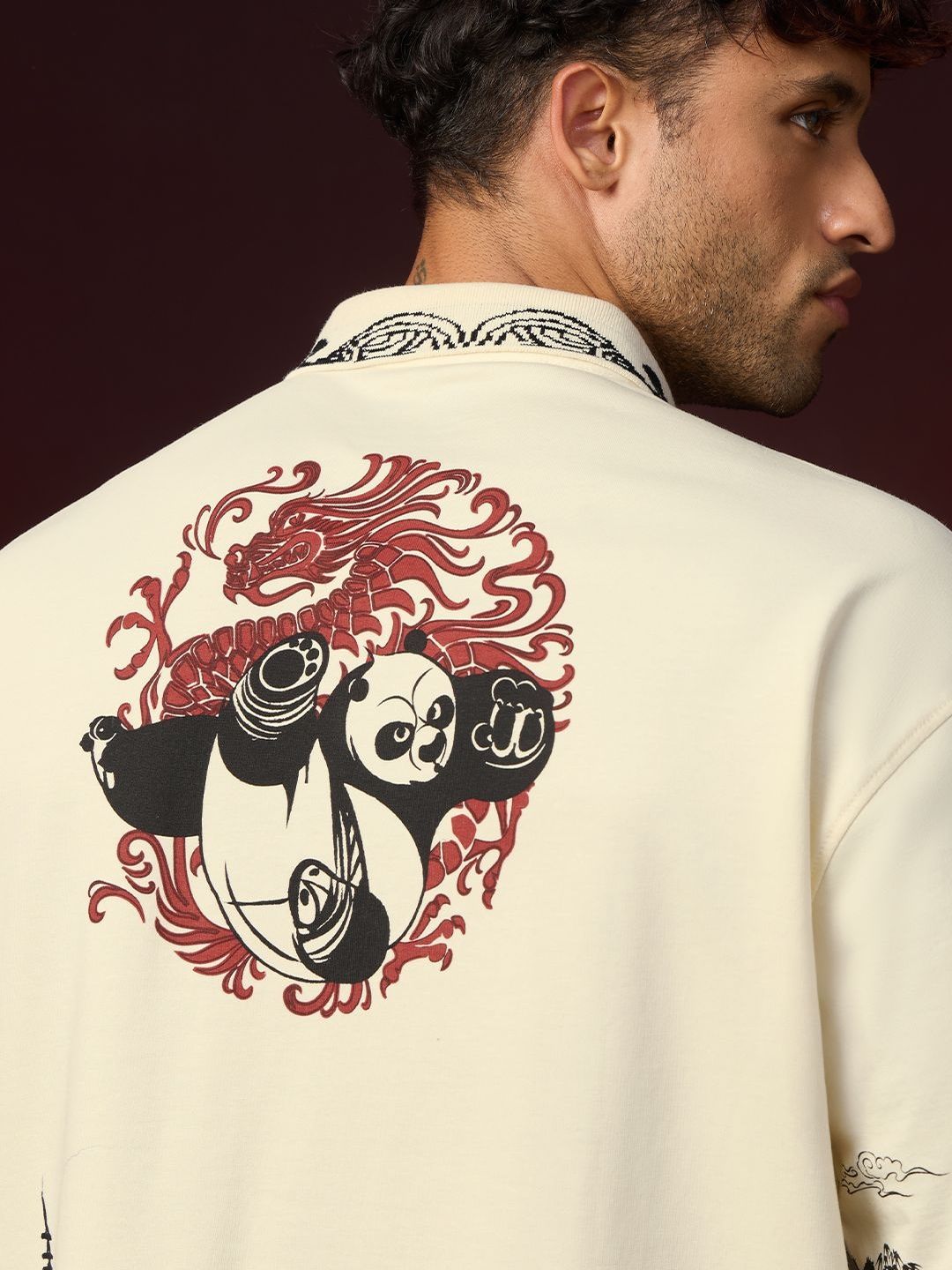 Men Kung Fu Panda Printed Polo Collar Drop-Shoulder Sleeves T-shirt