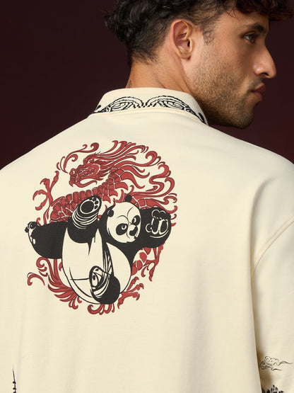 Men Kung Fu Panda Printed Polo Collar Drop-Shoulder Sleeves T-shirt