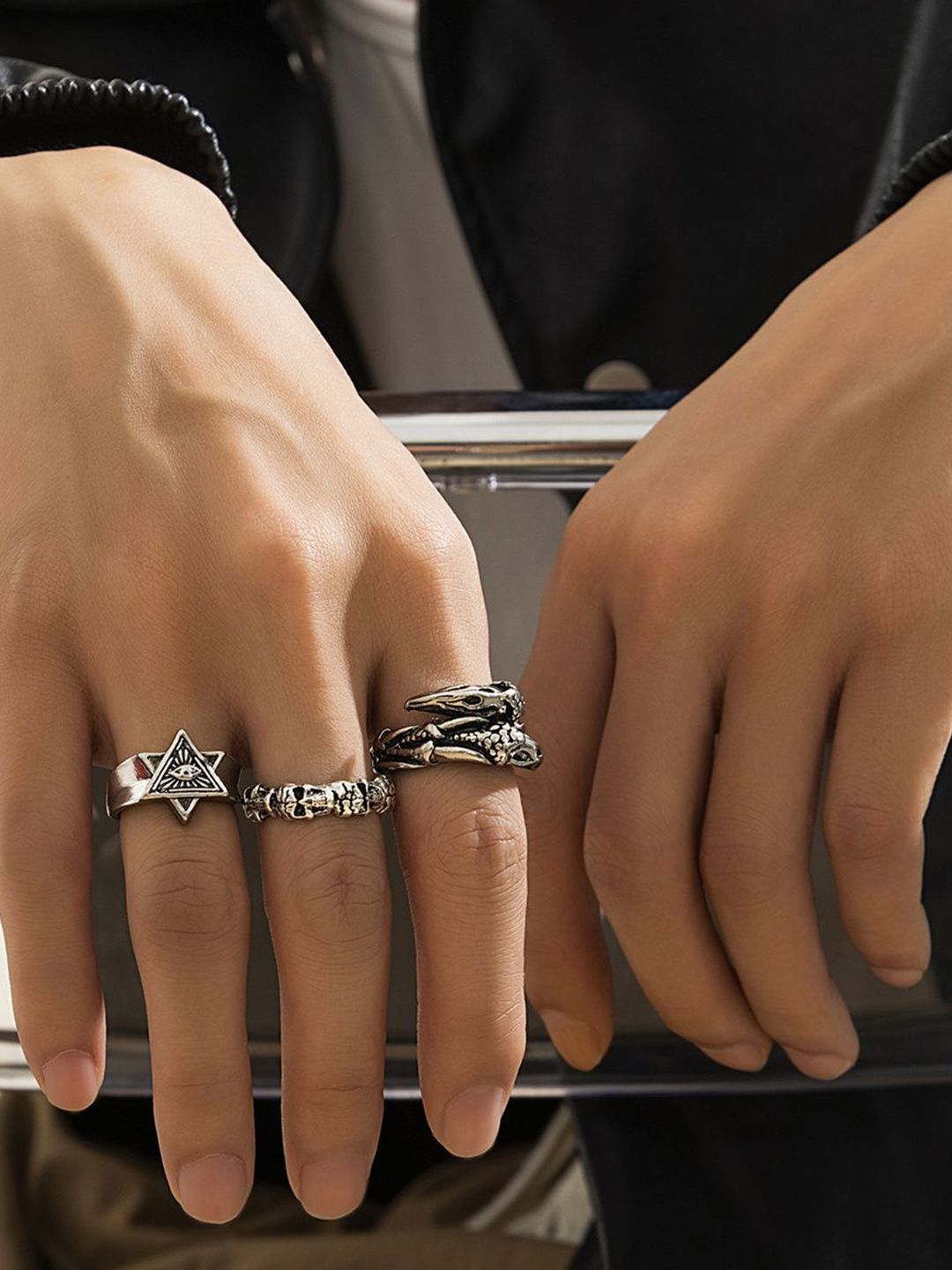 Set Of 3 Sliver-Plated Adjustable Finger Ring