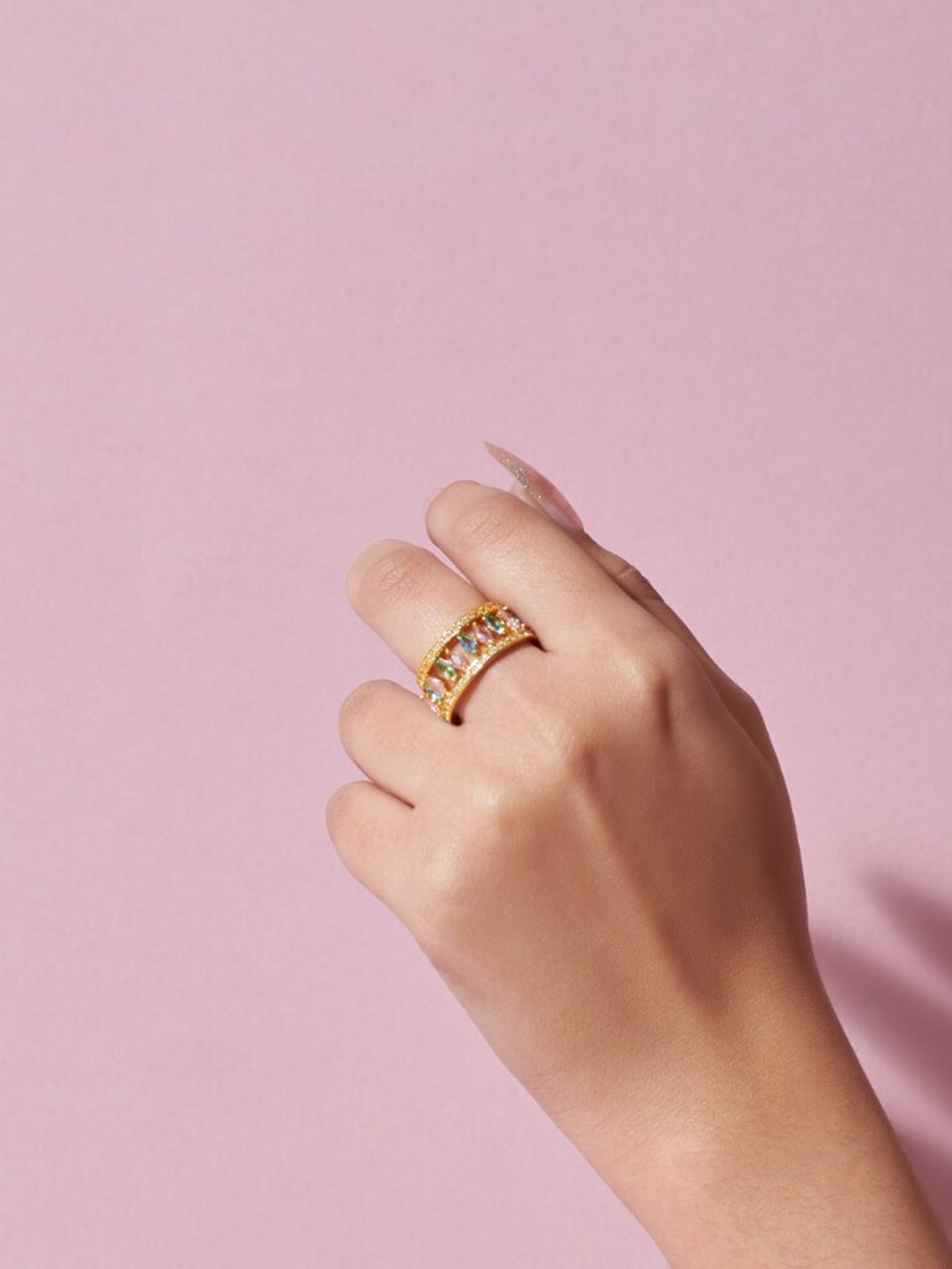 SALTY Set of 2 Gold-Plated Crystals-Studded Baguette Ring
