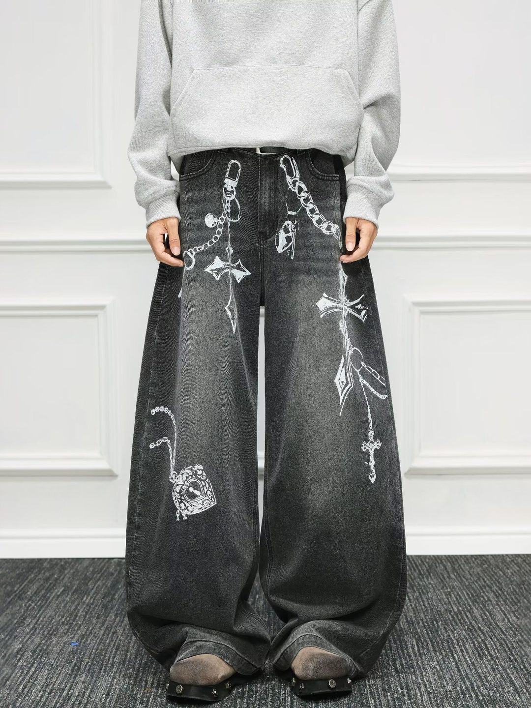 Men Wide Leg Mid-Rise Light Fade Printed Jeans