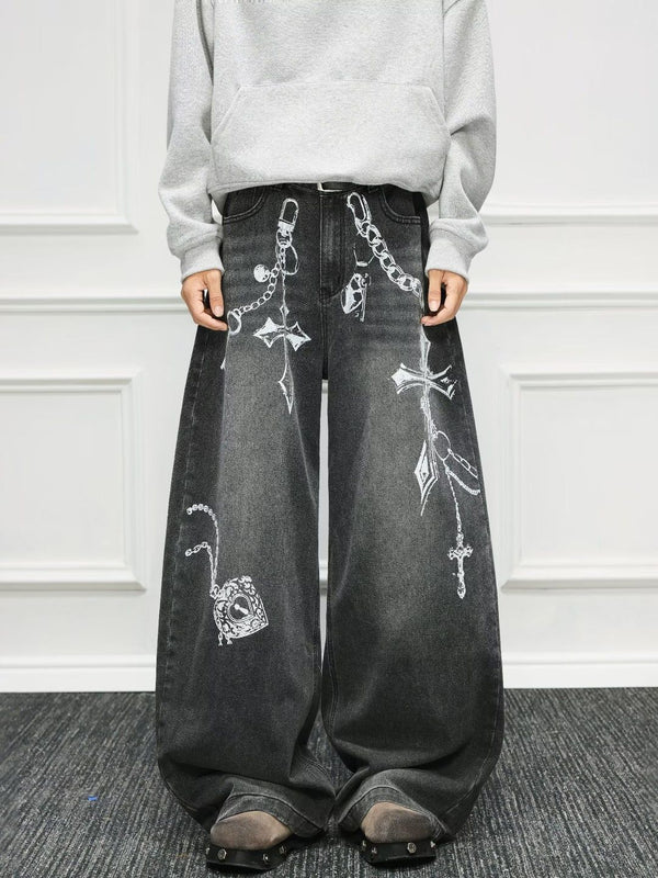 Men Wide Leg Mid-Rise Light Fade Printed Jeans