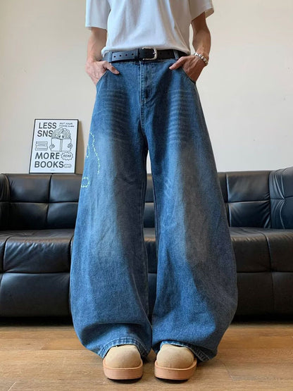 Men Wide Leg Mid-Rise Heavy Fade Cotton Jeans