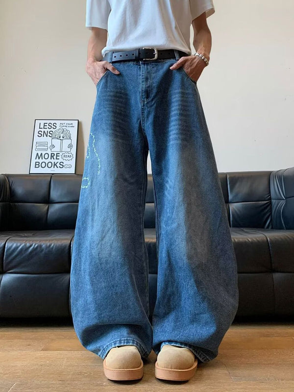 Men Wide Leg Mid-Rise Heavy Fade Cotton Jeans
