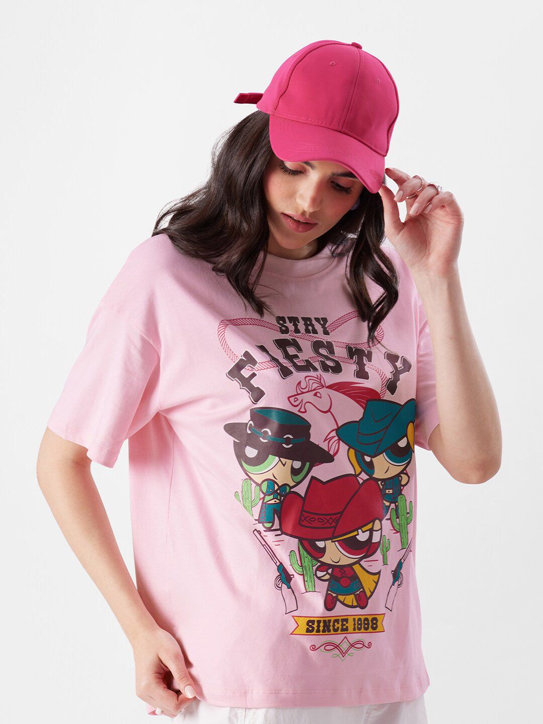 Women Oversized Powerpuff Girls Pink Tshirts
