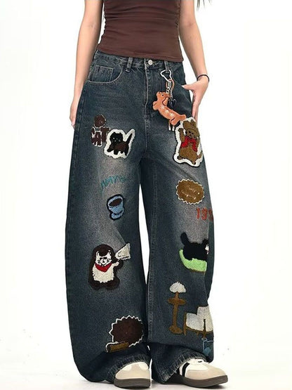 Men Wide Leg Mid-Rise Dark Applique Jeans