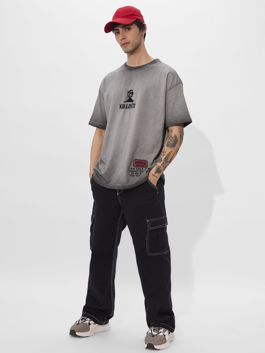 Men Printed Grey Cotton Oversized Fit T-Shirts