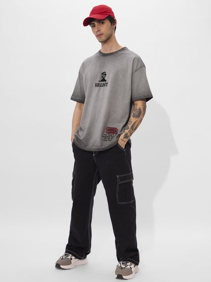 Men Printed Grey Cotton Oversized Fit T-Shirts