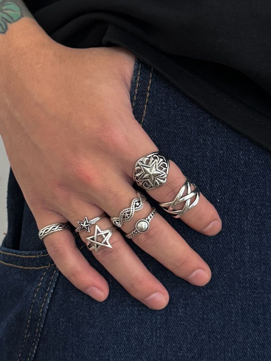 Men Set Of 7 Silver-Plated Finger Ring