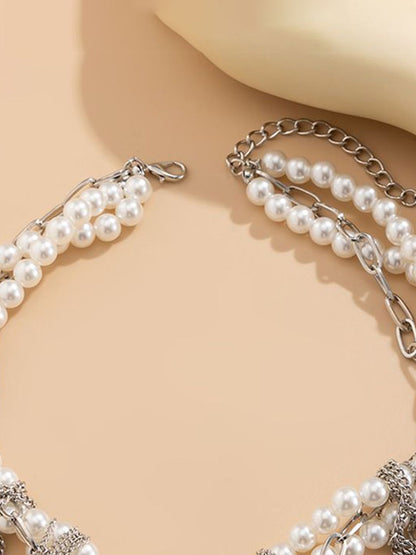 Silver-Plated Pearls Beaded Tasselled Statement Necklace