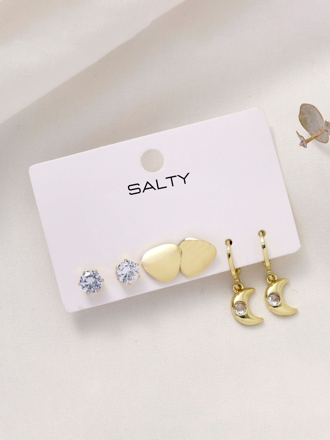 SALTY Gold Plated Set Of 3 Contemporary Artificial Stone Studded Studs Earrings
