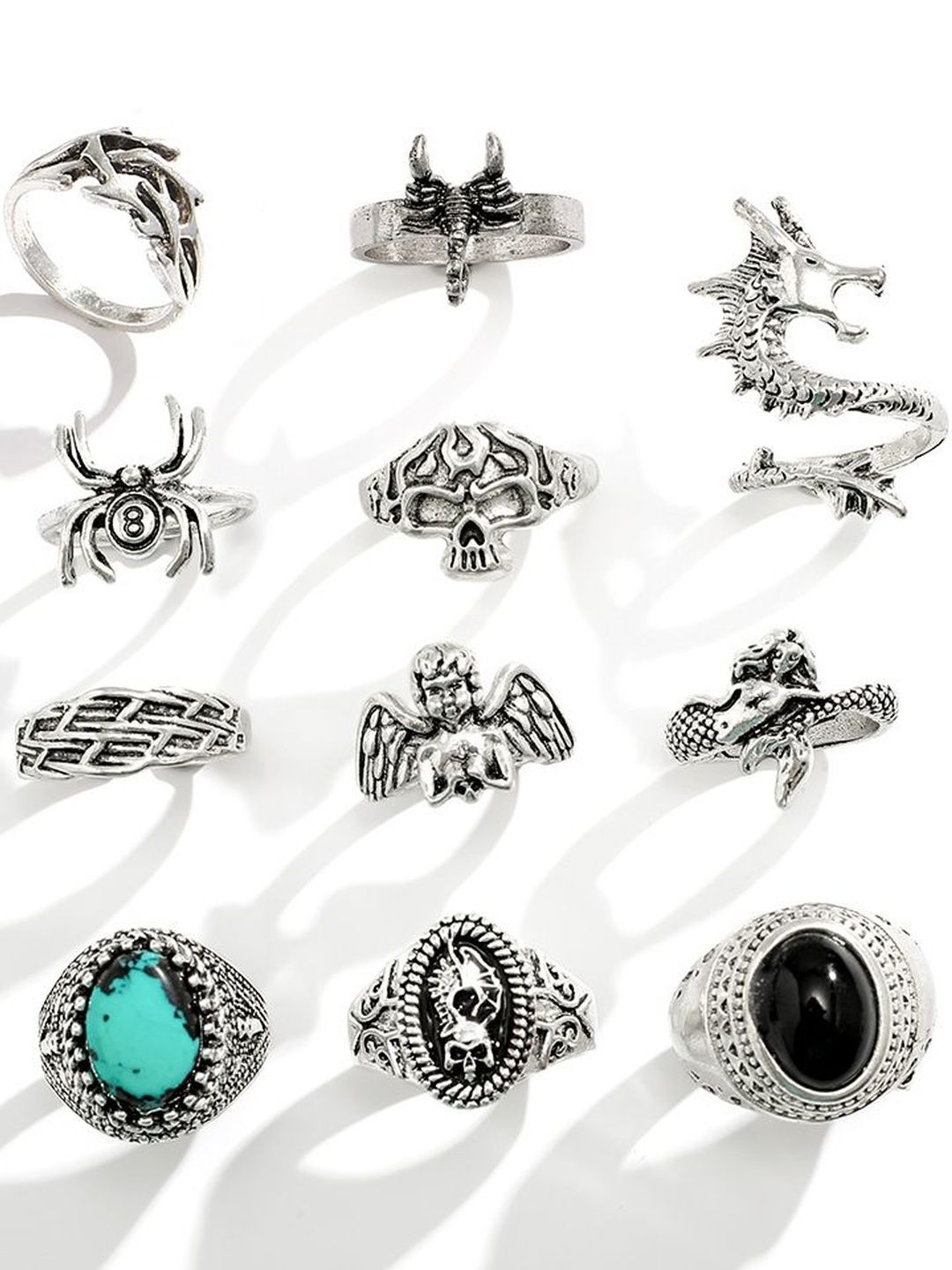Men Set Of 11 Silver-Plated Stone-Studded Finger Ring