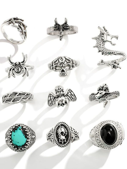 Men Set Of 11 Silver-Plated Stone-Studded Finger Ring