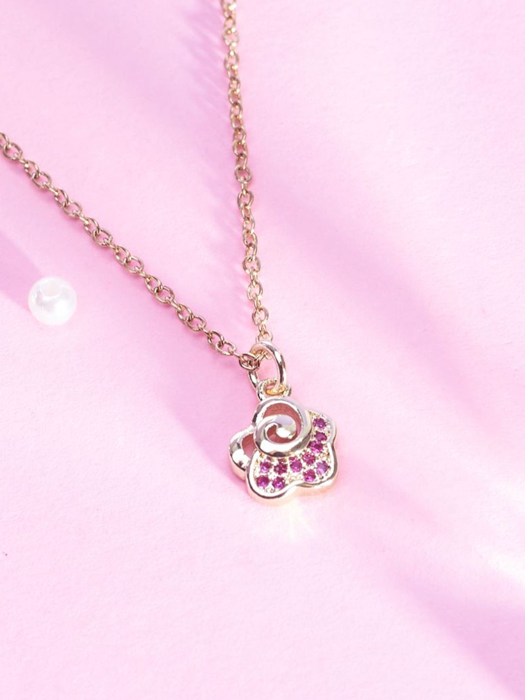 SALTY Stone Studded Stainless Steel Rose Charm Pendant & Chain Jewellery Accessories