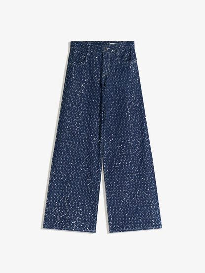 Women Wide Leg Mid-Rise Embellished Clean Look No Fade Medium Shade Jeans