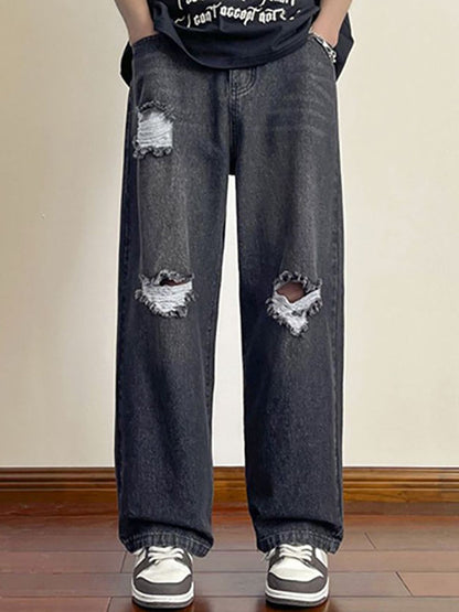 Men Wide Leg Slash Knee Light Fade Jeans