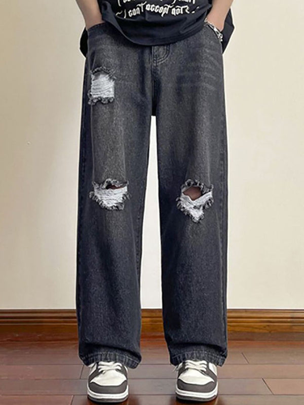 Men Wide Leg Slash Knee Light Fade Jeans