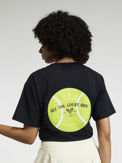 Women Black Courtside Oversized Printed Cotton-Spandex Tee