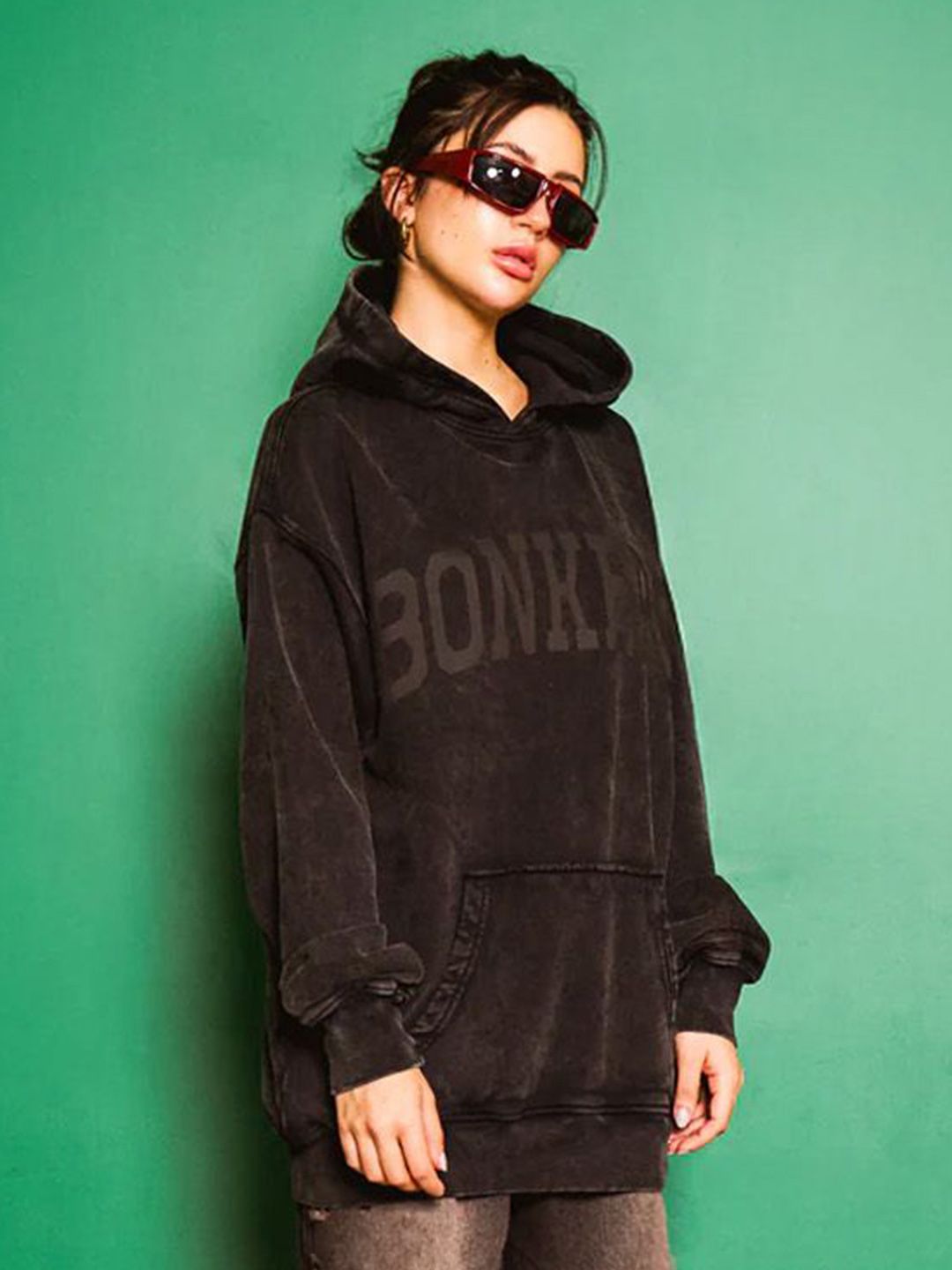 Women Faded Signature Printed Hooded Pullover Cotton Sweatshirt
