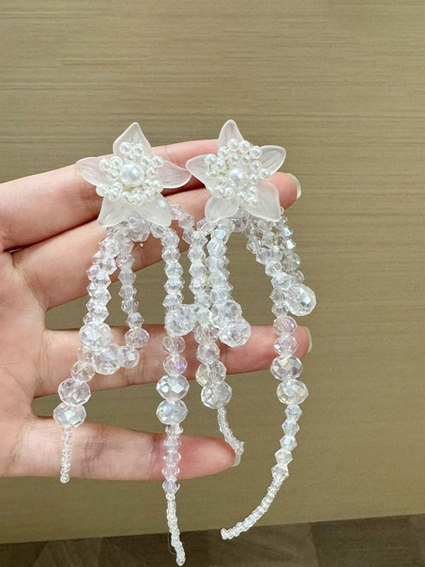 Artificial Beaded Floral Shaped Tasselled Drop Earrings