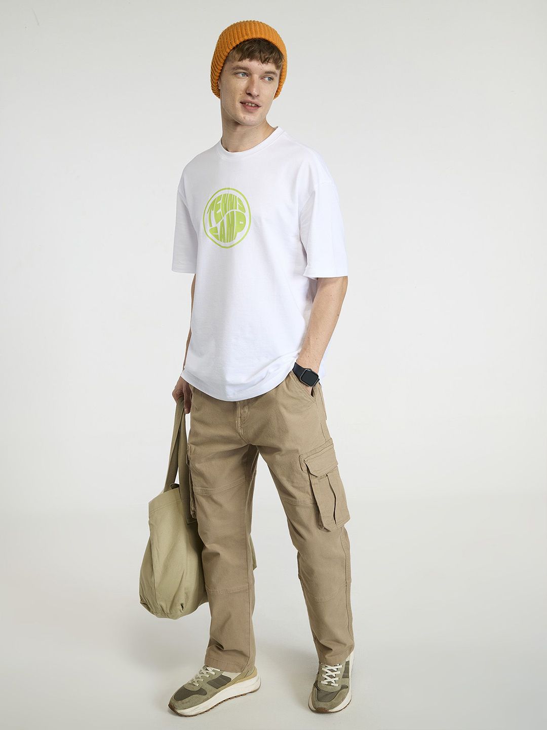 Men White Tenniscore Oversized Printed Cotton Tee