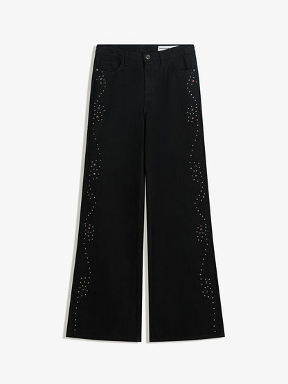 Women Wide Leg Embellished Low-Rise Jeans