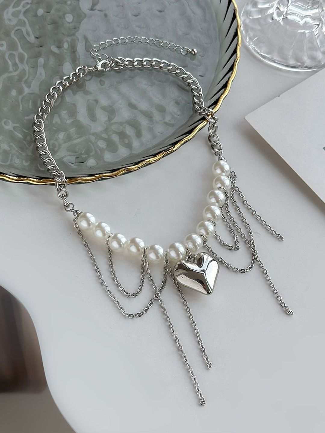 Silver-Plated Pearls Beaded Tasselled Statement Necklace