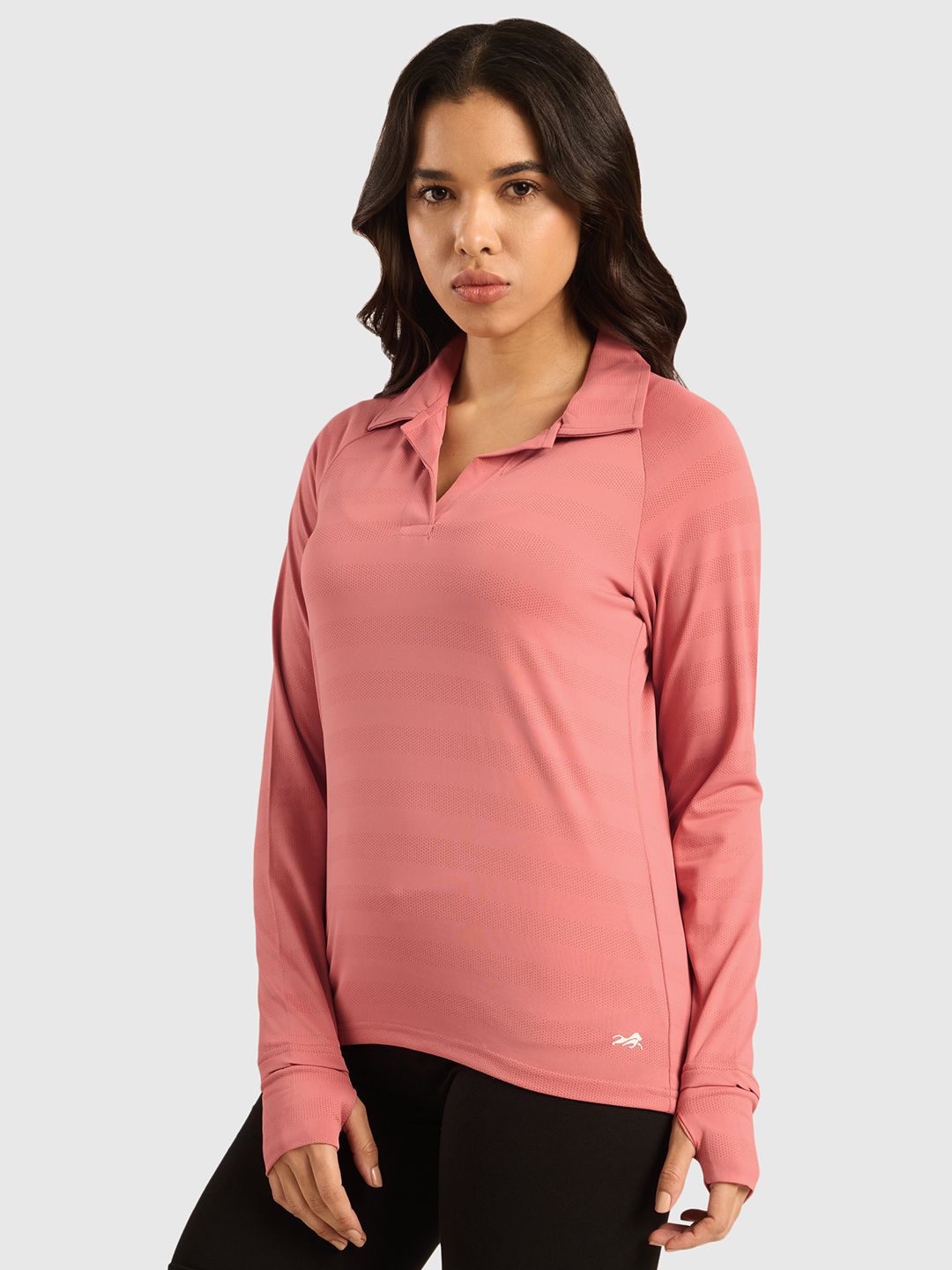 Vogue Women Self Design Full Sleeves Polo Collar T-shirt