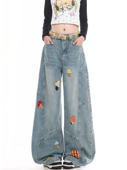Women Wide Leg High-Rise Light Fade Embroidered Jeans